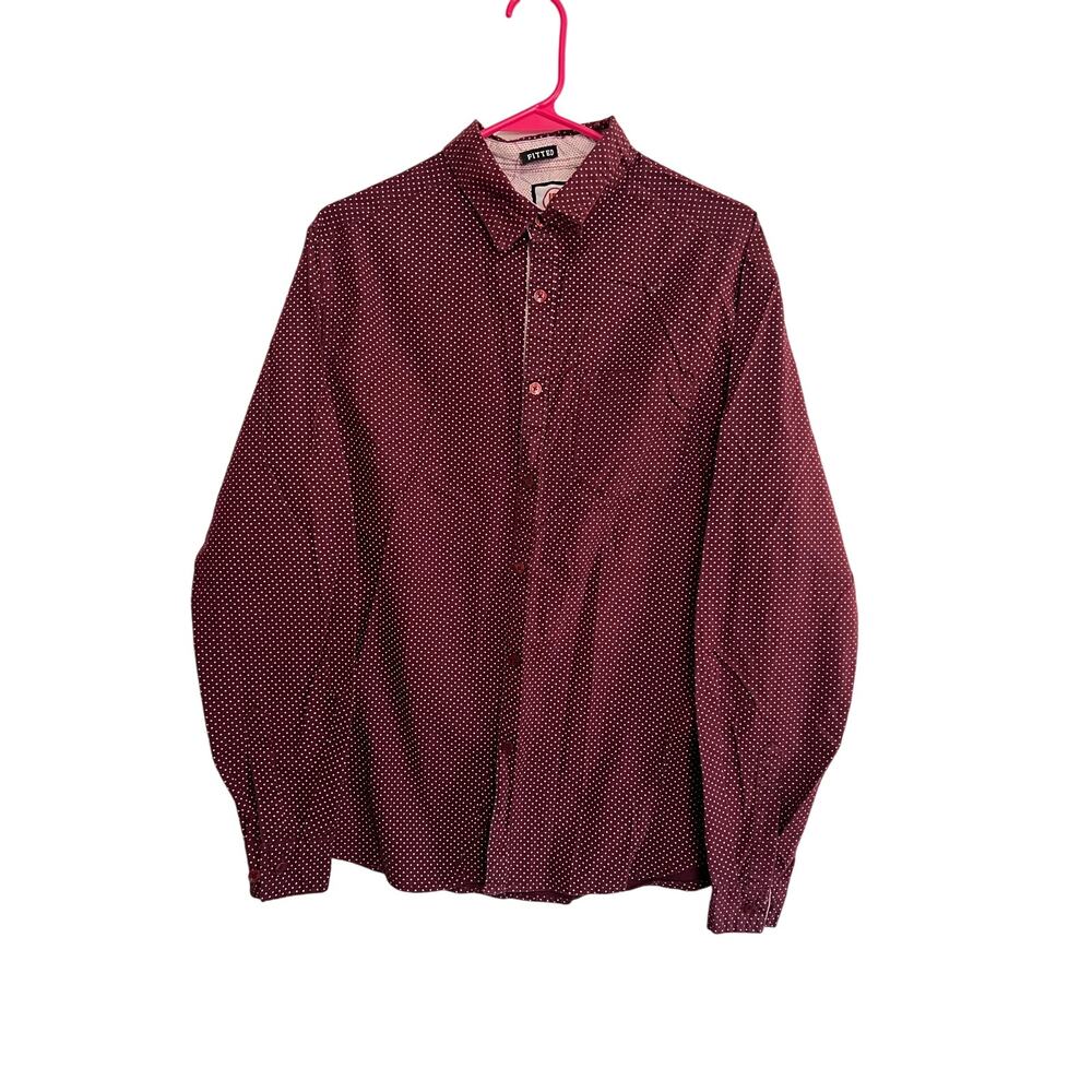 Checkpoint Fitted Button Down Long Sleeve Shirt Mens Size Large Maroon Polka Dot